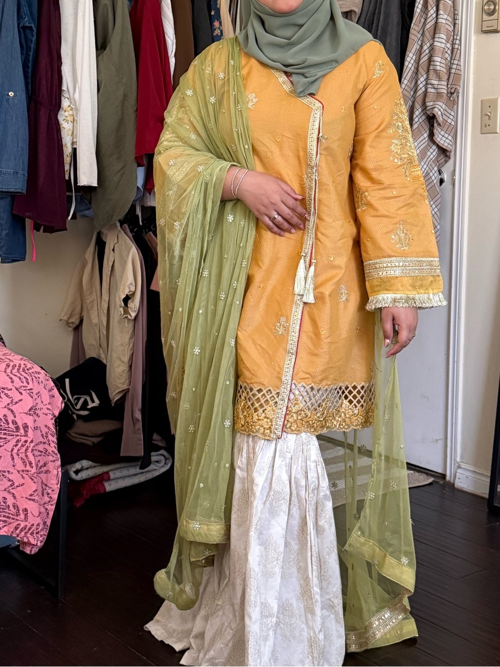 Mustard Yellow Embroidered Kurta with Olive Green Dupatta